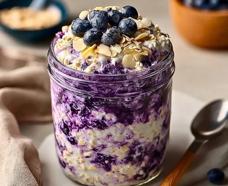 Bowl of blueberry cottage cheese overnight oats with fresh berries on top