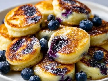 Blueberry Lemon Cottage Cheese Pancake Bites served on a plate