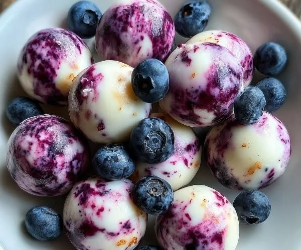 Blueberry swirl yogurt bites surrounded by fresh blueberries and yogurt