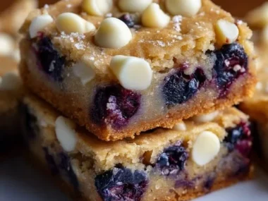 Blueberry white chocolate blondies fresh out of the oven, topped with blueberries.