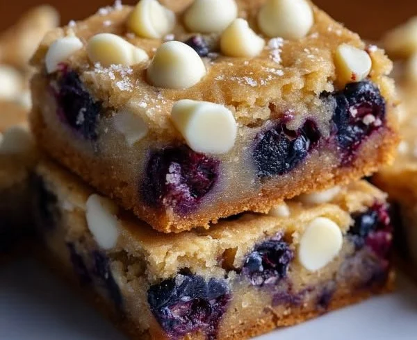 Blueberry white chocolate blondies fresh out of the oven, topped with blueberries.