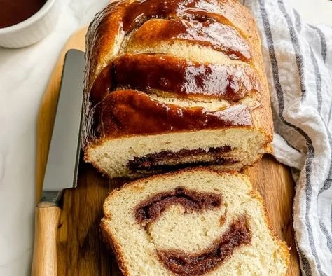 Freshly baked cinnamon bread from a bread machine, golden and fluffy.