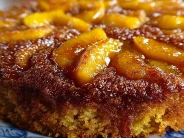 Delicious brown sugar peach cake topped with fresh peach slices