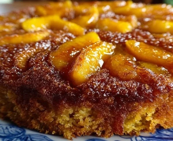 Delicious brown sugar peach cake topped with fresh peach slices