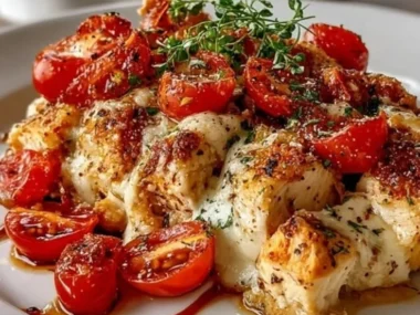 Bruschetta Chicken Casserole topped with fresh basil and tomatoes