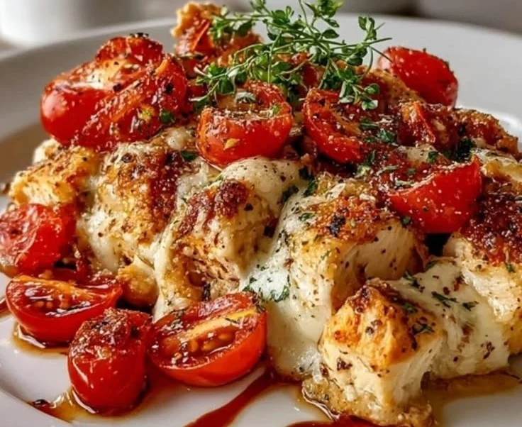 Bruschetta Chicken Casserole topped with fresh basil and tomatoes