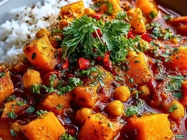 Bowl of Butternut Squash Chickpea Curry garnished with fresh herbs.