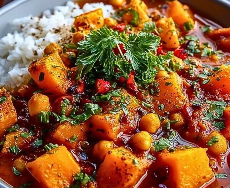Bowl of Butternut Squash Chickpea Curry garnished with fresh herbs.