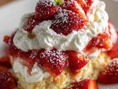 Buttery flaky strawberry shortcake topped with fresh strawberries and whipped cream.
