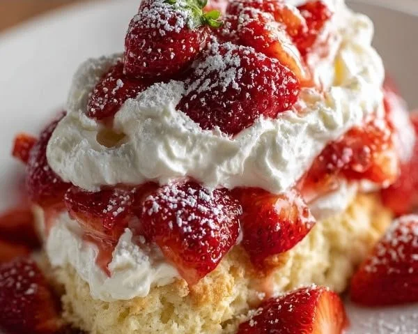 Buttery flaky strawberry shortcake topped with fresh strawberries and whipped cream.