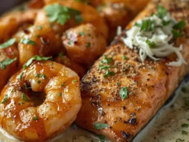 Cajun shrimp and salmon in garlic cream sauce served on a plate