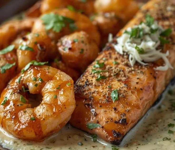 Cajun shrimp and salmon in garlic cream sauce served on a plate