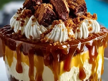 Caramel Cheesecake Brownie Trifle Delight dessert with layers of brownie and cheesecake.