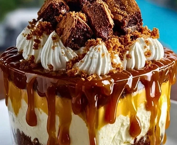 Caramel Cheesecake Brownie Trifle Delight dessert with layers of brownie and cheesecake.