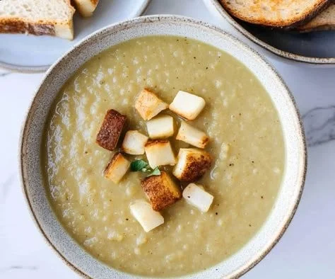 Bowl of creamy cauliflower potato leek soup topped with fresh herbs
