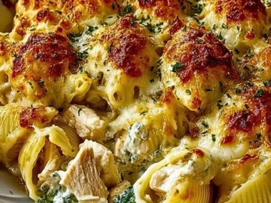Delicious cheesy chicken shells pasta bake topped with melted cheese