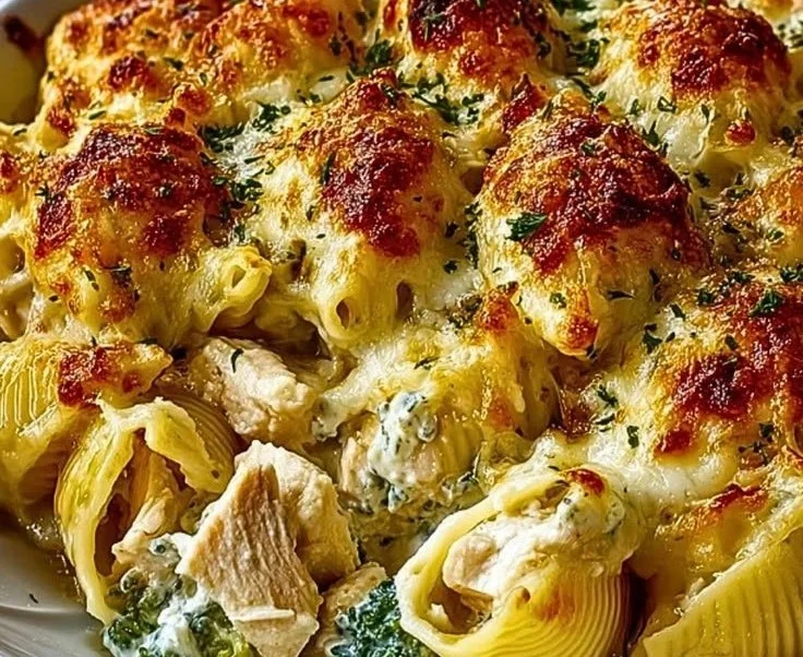 Delicious cheesy chicken shells pasta bake topped with melted cheese