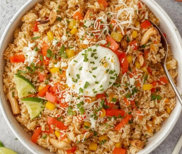 Delicious Cheesy Chicken Taco Rice served in a vibrant bowl