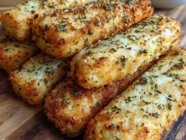 Cheesy cottage cheese sticks served with a dip on a wooden board.