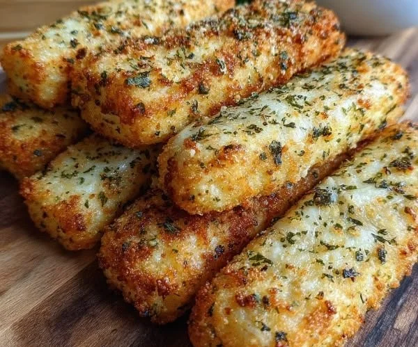Cheesy cottage cheese sticks served with a dip on a wooden board.