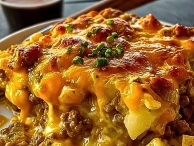 Cheesy ground beef casserole with frozen potatoes served in a baking dish