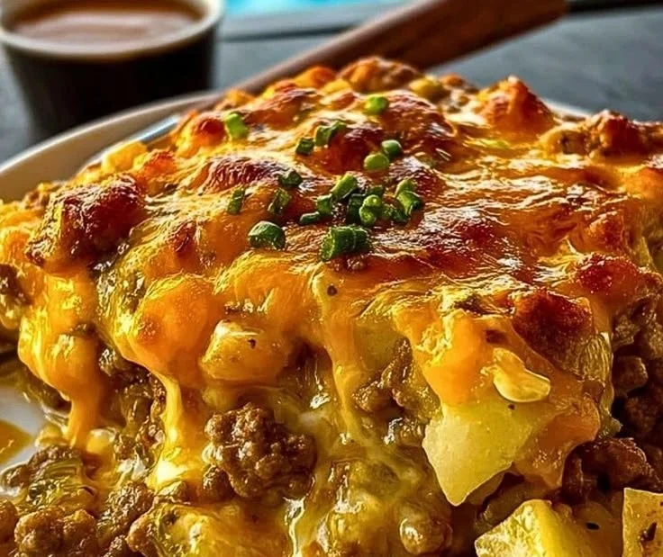 Cheesy ground beef casserole with frozen potatoes served in a baking dish