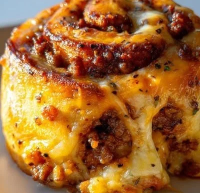 Cheesy Ground Beef Roll served on a plate, garnished and ready to eat.