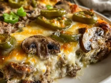 Cheesy low carb Philly cheesesteak casserole served in a dish