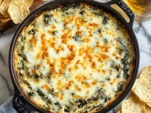 Creamy spinach artichoke dip served in a bowl with chips