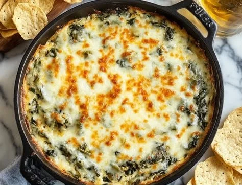 Creamy spinach artichoke dip served in a bowl with chips