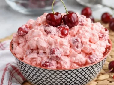 Delicious Cherry Cheesecake Fluff dessert in a bowl