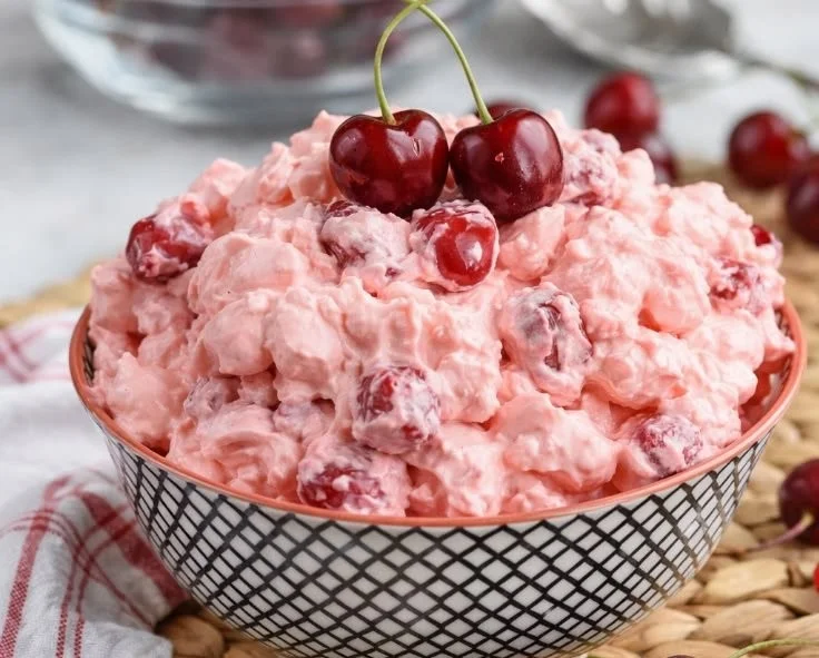 Delicious Cherry Cheesecake Fluff dessert in a bowl