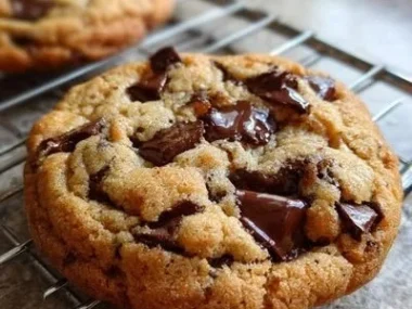 Delicious chewy chocolate chip cookies on a baking tray fresh out of the oven