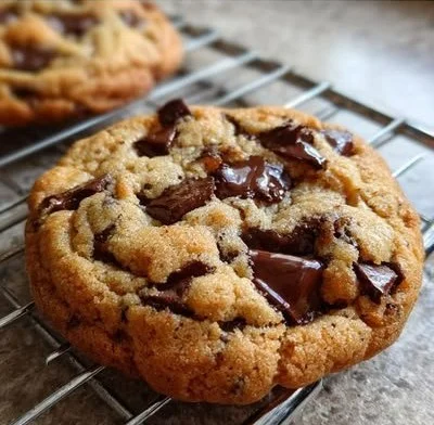 Delicious chewy chocolate chip cookies on a baking tray fresh out of the oven