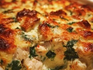 Chicken and Spinach Casserole with Cream Cheese Delight in a baking dish