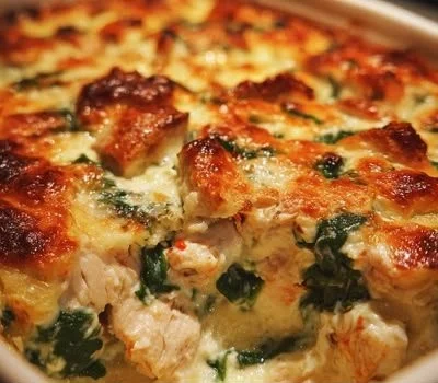 Chicken and Spinach Casserole with Cream Cheese Delight in a baking dish