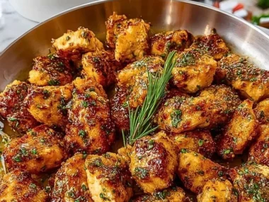 Plate of chicken bites coated in garlic butter sauce