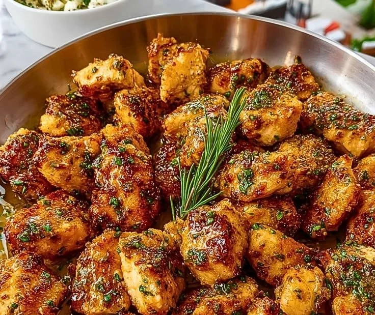 Plate of chicken bites coated in garlic butter sauce
