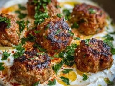 Plate of Chicken Kofta with garlic yogurt sauce garnished with herbs