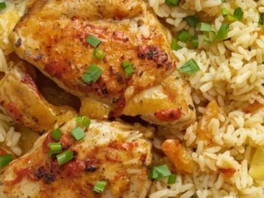 Delicious Chicken Scampi with Garlic Parmesan Rice served on a plate.