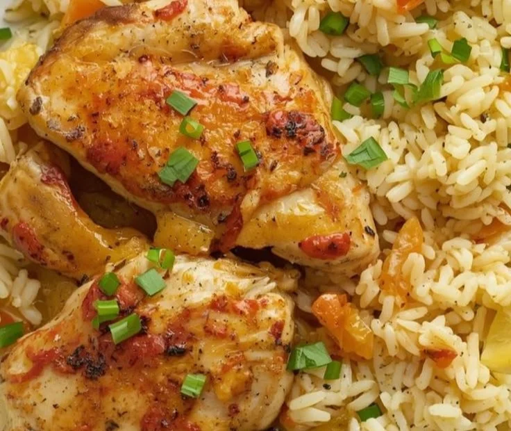 Delicious Chicken Scampi with Garlic Parmesan Rice served on a plate.