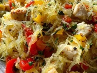 Delicious Chicken Spaghetti Squash served with fresh herbs