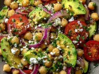 Chickpea Feta Avocado Salad with fresh vegetables and herbs