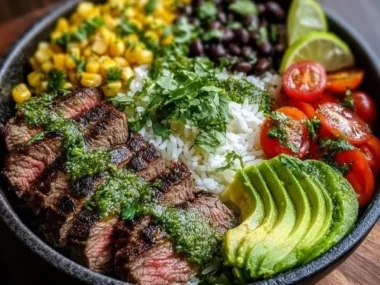 Cilantro Lime Steak Bowl garnished with fresh vegetables and lime