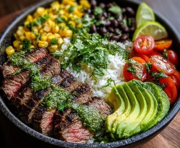 Cilantro Lime Steak Bowl garnished with fresh vegetables and lime