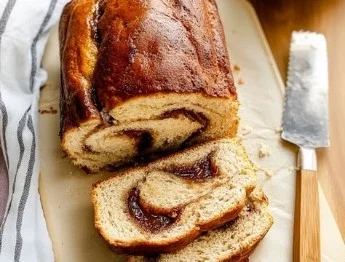 Freshly baked cinnamon bread loaf on a wooden table