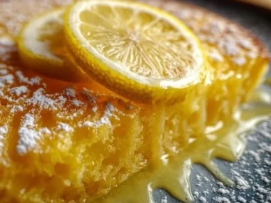 Delicious one-bowl lemon dessert topped with fresh lemon slices.