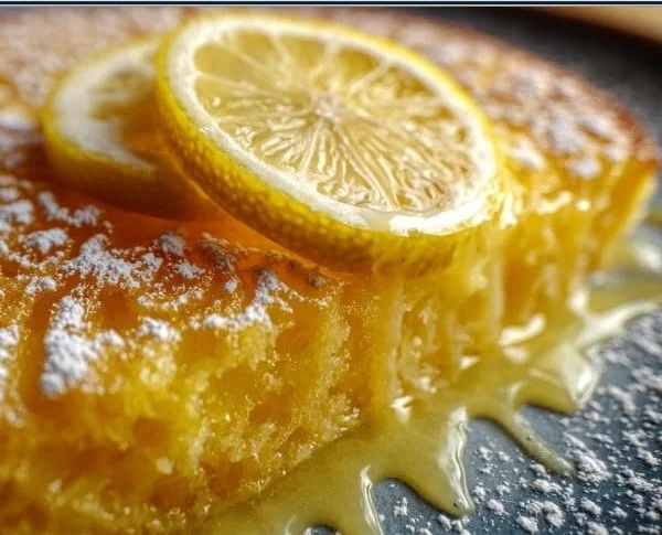 Delicious one-bowl lemon dessert topped with fresh lemon slices.