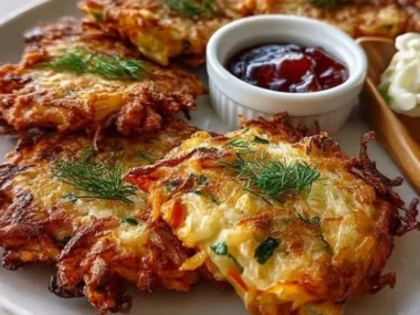 Plate of crispy classic cabbage fritters served with dipping sauce