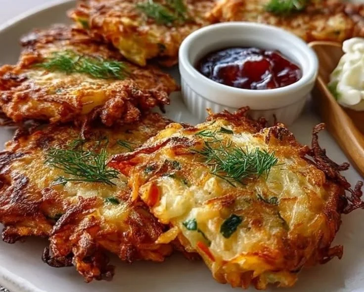 Plate of crispy classic cabbage fritters served with dipping sauce
